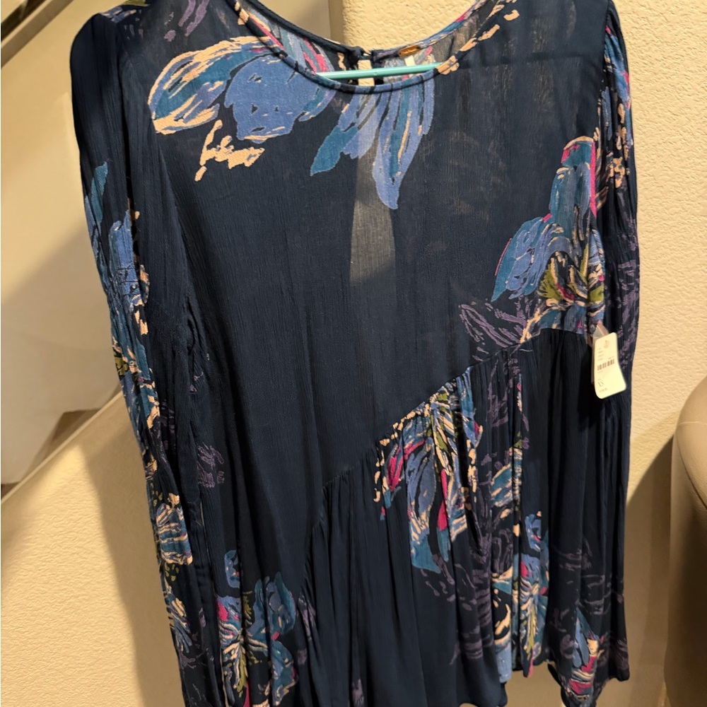 Free People Navy Blue Floral Blouse